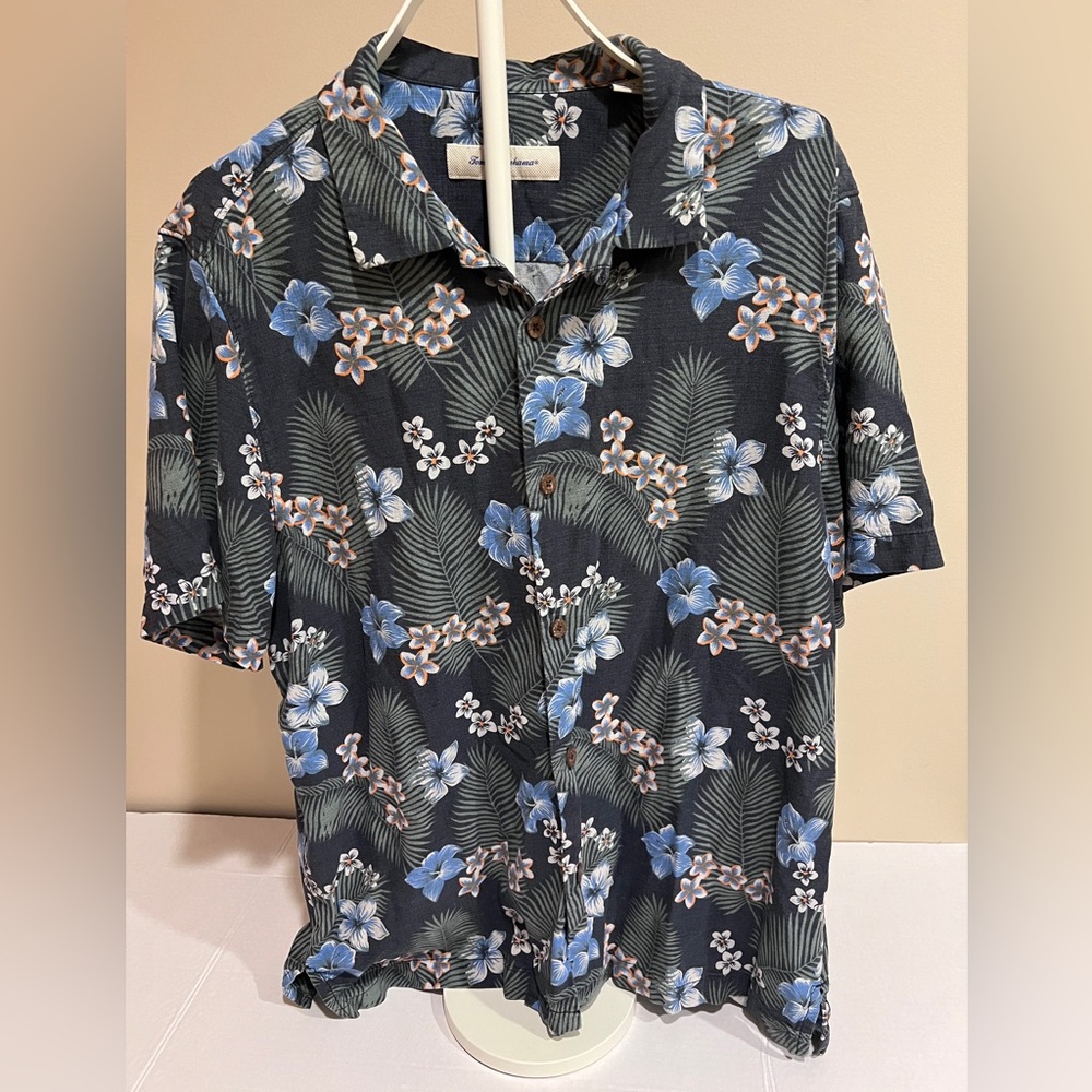 Tommy Bahama 100% Silk Aloha Hawaiian Floral Palm Tropical Button Camp Shirt L